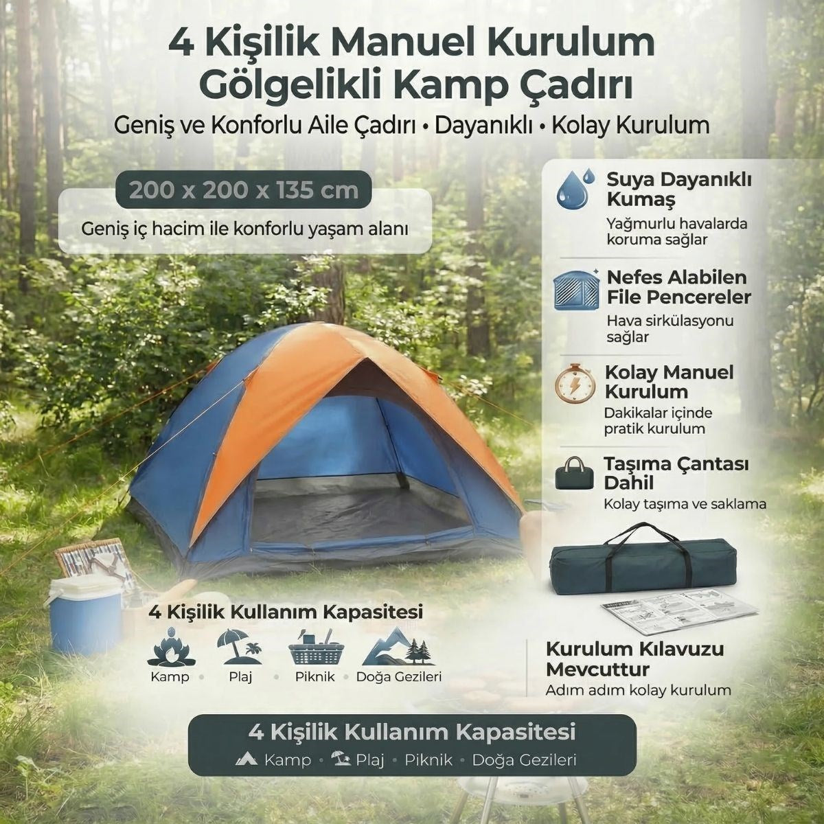 BUFFER 4 Kişilik Manuel Kurulum Gölgelikli Kamp Çadırı – Aile, Doğa, Piknik ve Outdoor 200x200x135 cm