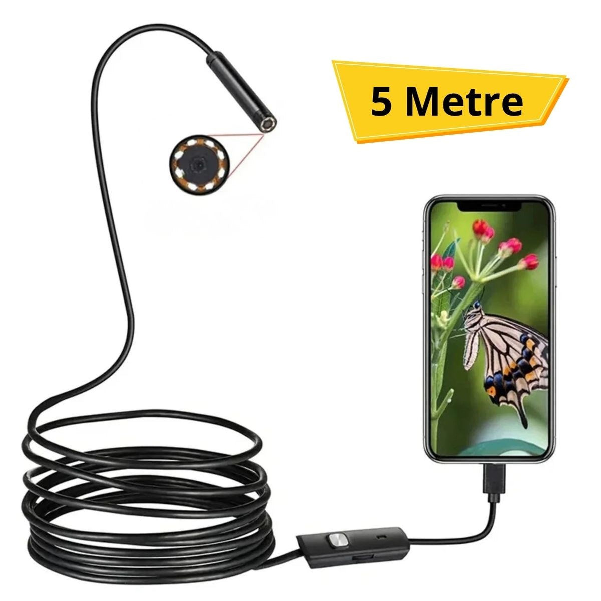 BUFFER 5 Metre Android Telefon Uyumlu 6 LED Işıklı Su Geçirmez Endoskop / Boroskop Yılan Kamera HD