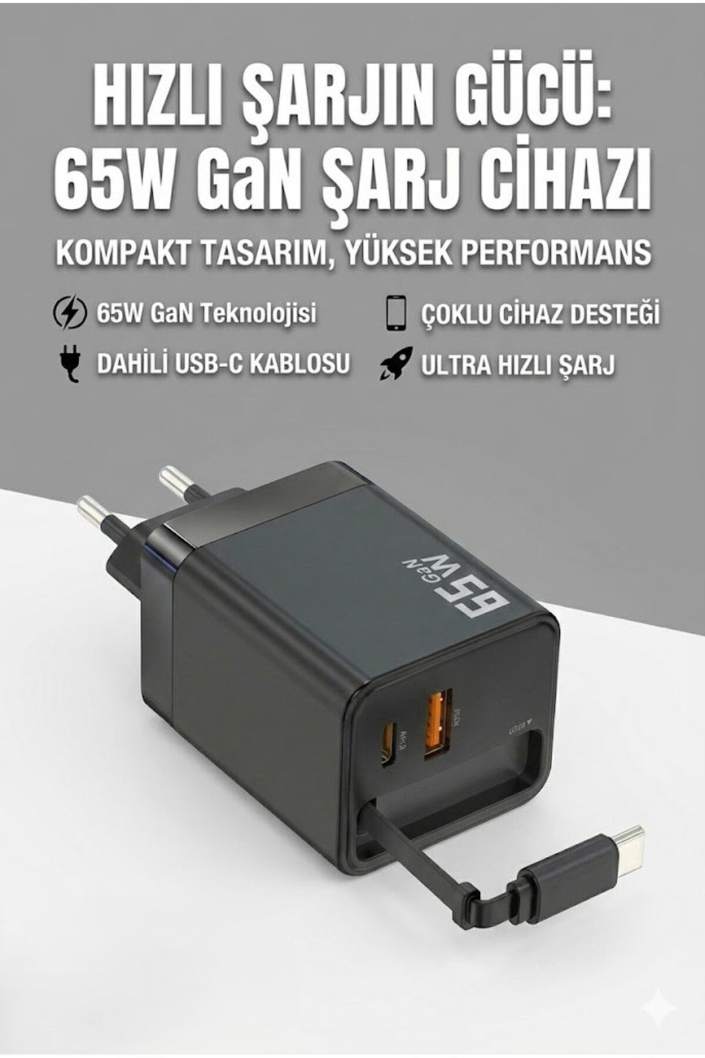65W Süper Hızlı Şarj Cihazı | Dahili Type-C Kablo | USB-C & USB-A Çıkış | Çoklu Cihaz Desteği