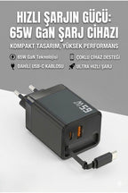 65W Süper Hızlı Şarj Cihazı | Dahili Type-C Kablo | USB-C & USB-A Çıkış | Çoklu Cihaz Desteği