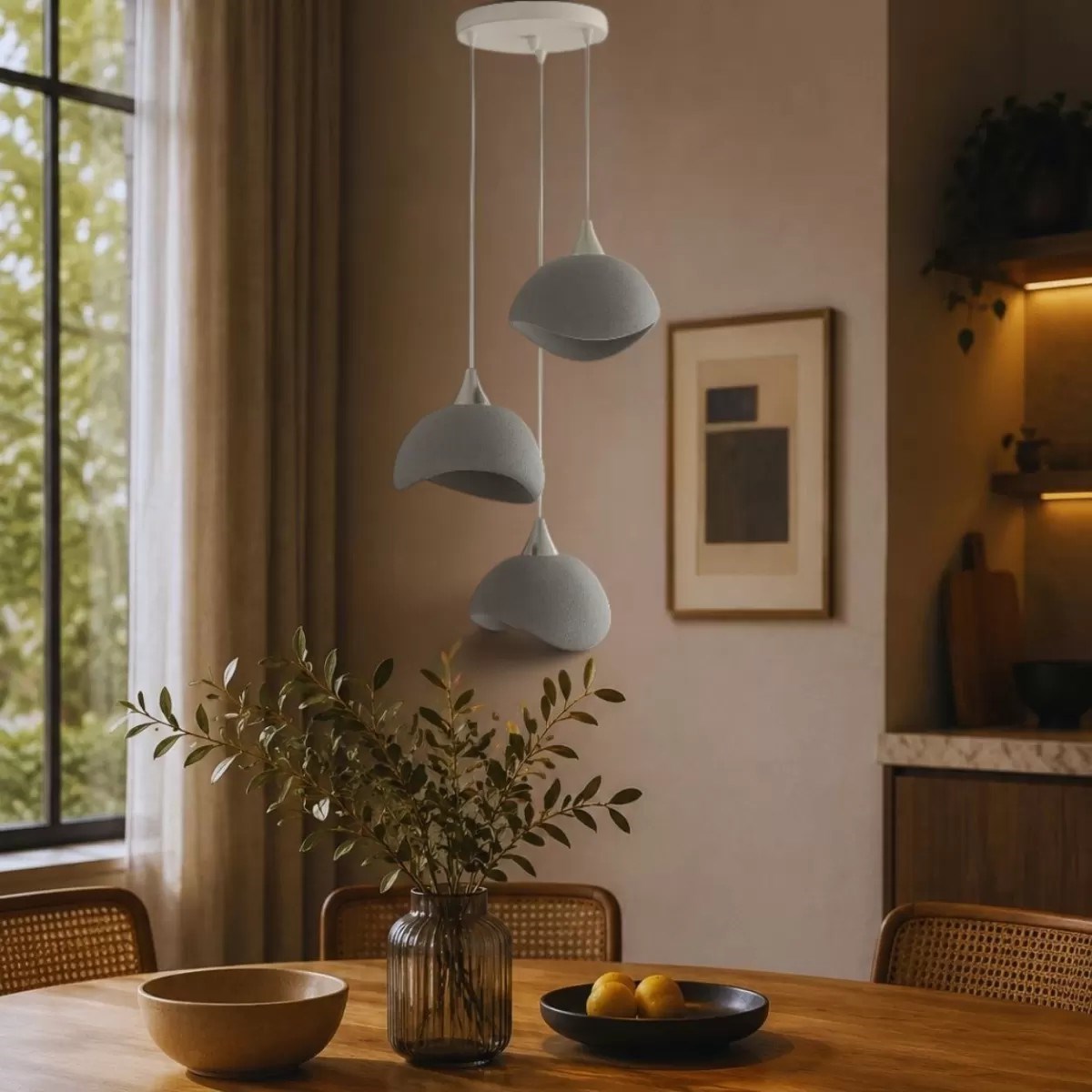 Beton Görünümlü İskandinav Tarzı Salon Oturma Odası 3'lü Avize 32 X 70 Cm Gri