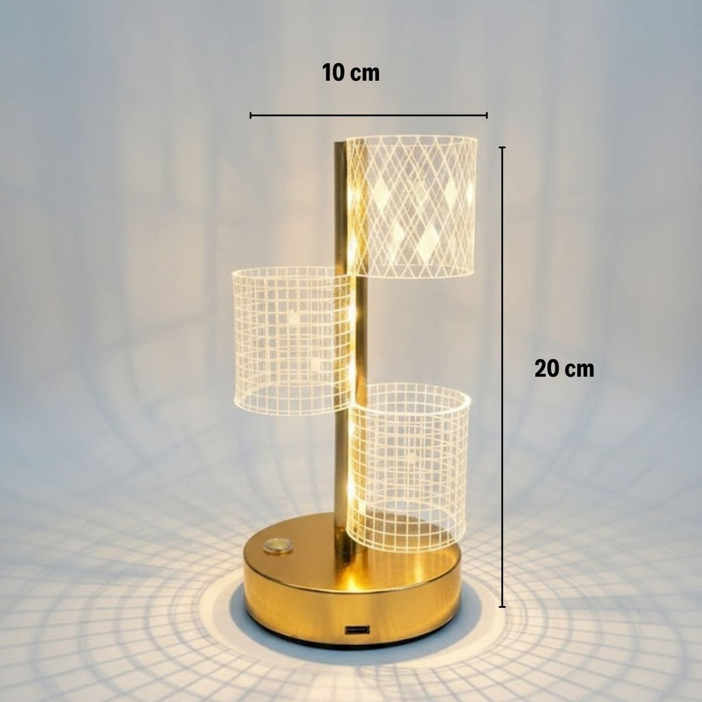 3 Parça Silindirik Kristal Ekose Kareli LED Masa Lambası – Gold Gövdeli, Dokunmatik, 3 Kademe Işık Ayarlı Şarjlı Dekoratif Lamba