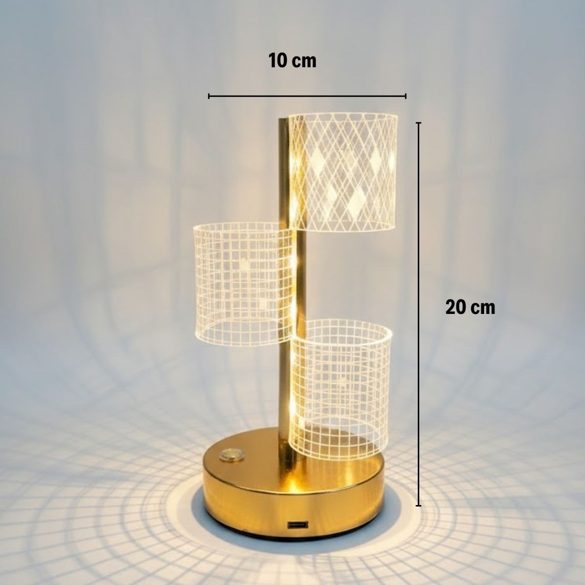 3 Parça Silindirik Kristal Ekose Kareli LED Masa Lambası – Gold Gövdeli, Dokunmatik, 3 Kademe Işık Ayarlı Şarjlı Dekoratif Lamba