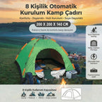 8 Kişilik Otomatik Kurulum Kamp Çadırı – Outdoor , Suya Dayanıklı Hızlı Kurulum Piknik ve Doğa İçin Geniş Aile Çadırı 250x250x165 cm