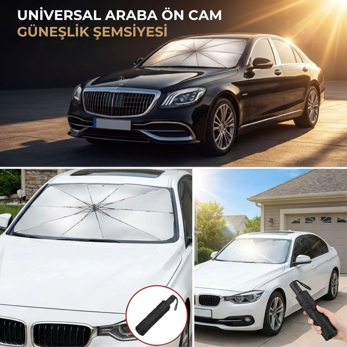 BUFFER Premium Katlanabilir Araç Ön Cam Güneşliği – Şemsiye Tipi Oto Güneşlik, UV Korumalı Isı Yalıtımlı Ön Cam Gölgelik