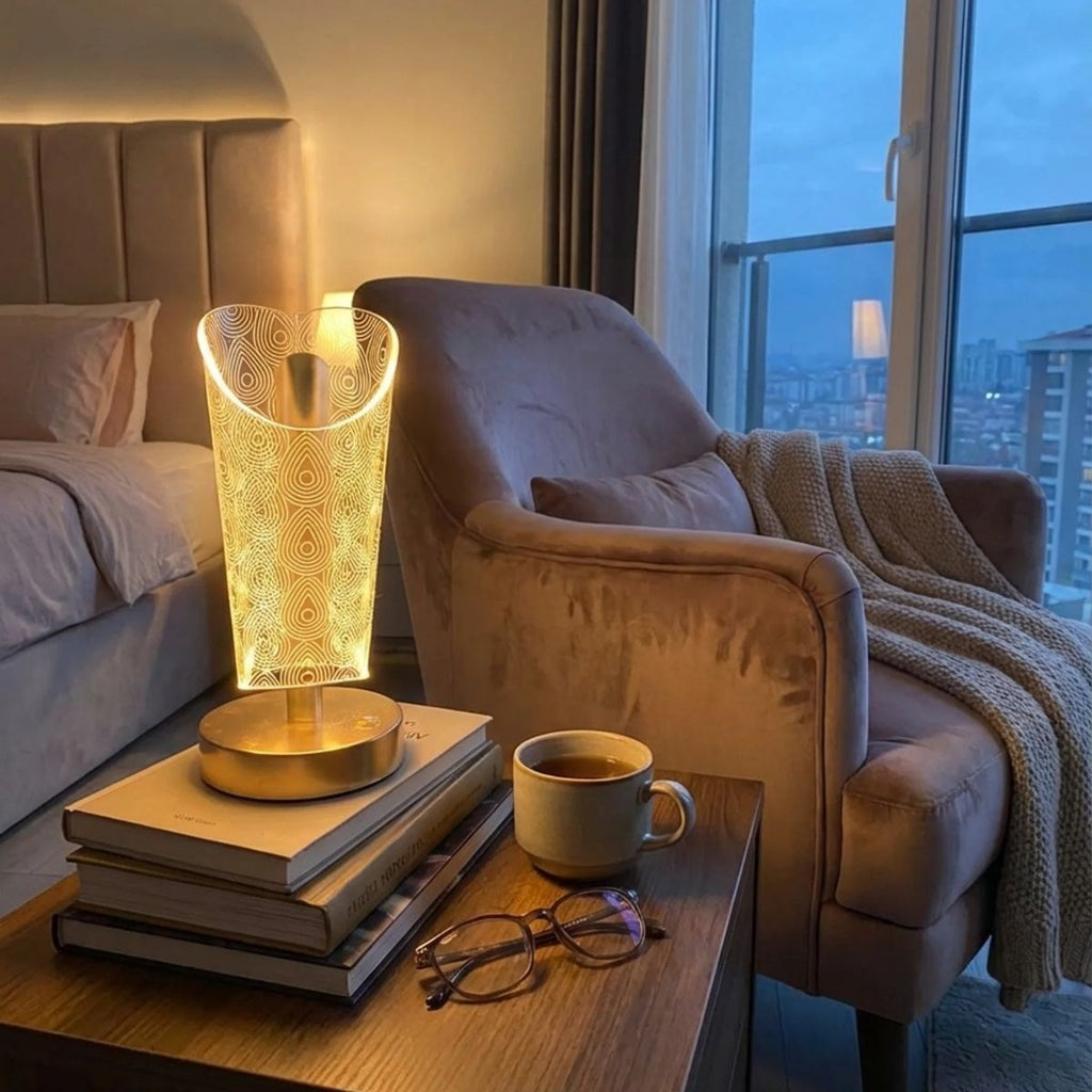 Açık Silindirik Kristal Damla Model LED Masa Lambası – Gold Tabanlı, Dokunmatik, 3 Renk Işık Modlu, Şarjlı Modern Dekoratif Gece Lambası