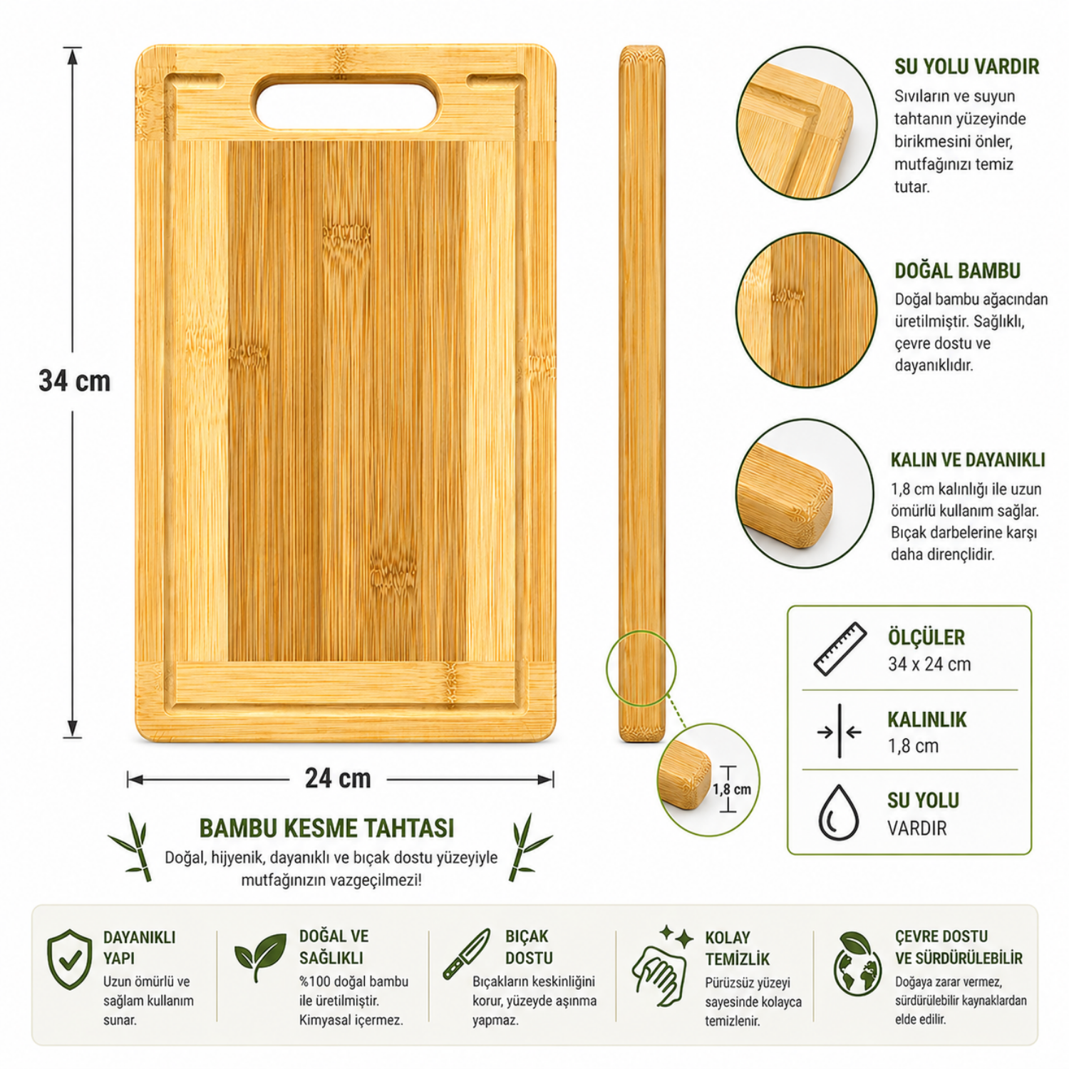 Bambu Kesme Tahtası Su Yollu Doğal Ahşap | 30x20 - 32x22 - 34x24 cm | 1.8 cm Kalın Dayanıklı Kesim Panosu