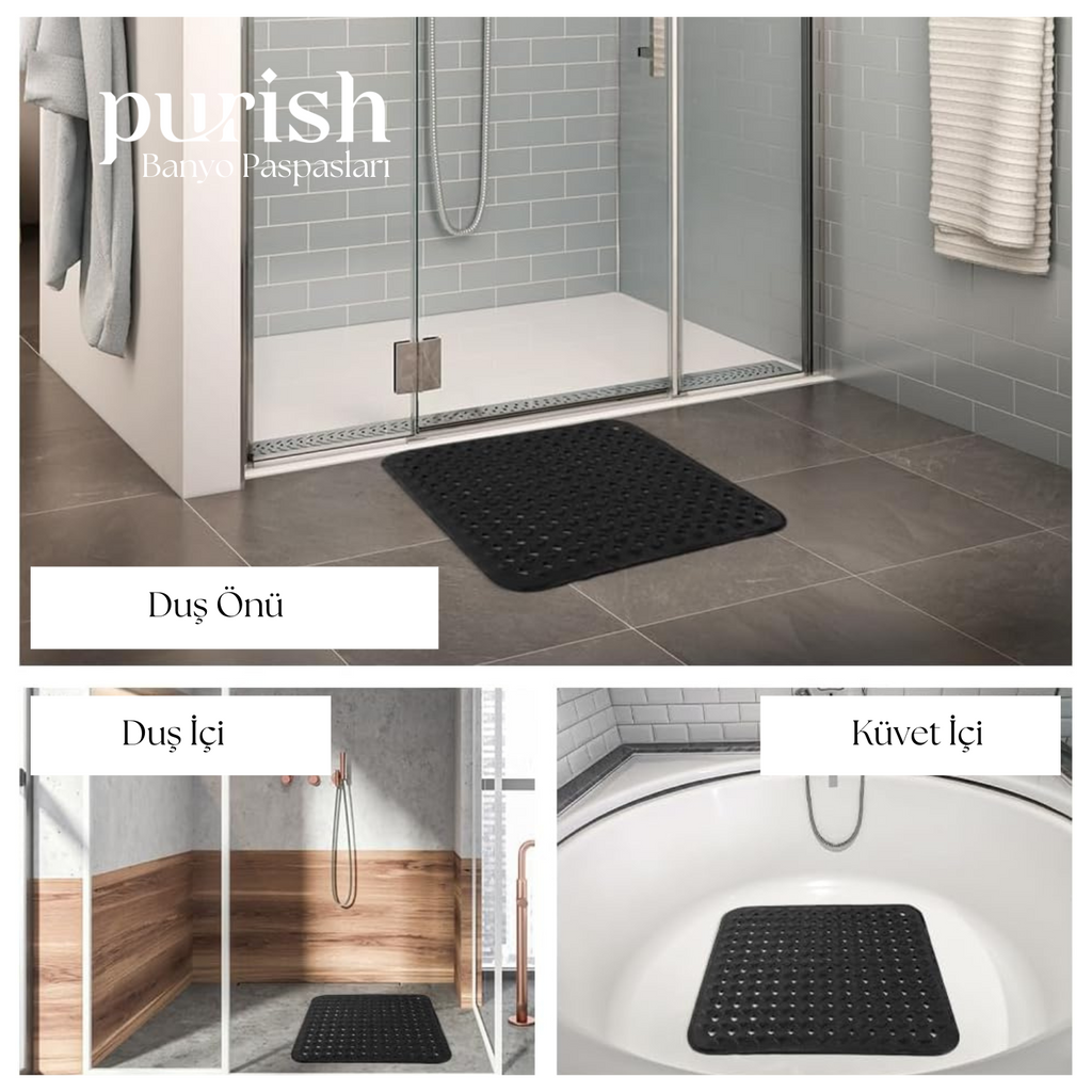 Banyo İçin Kaydırmaz, Masajlı, Drenajlı Siyah Kare Paspas - Herseyben.de
