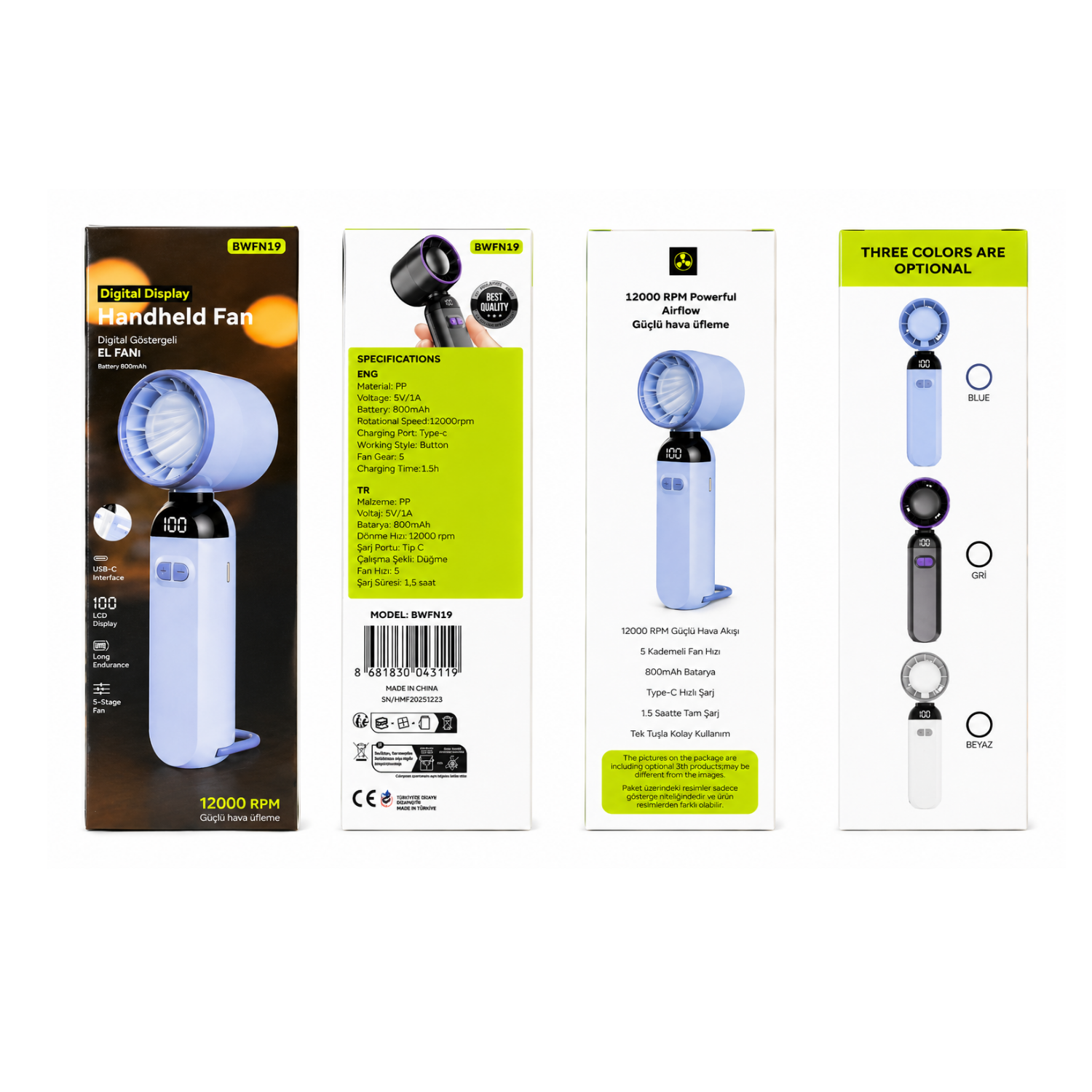 Taşınabilir Mini El Fanı – 12000 RPM Dijital Ekranlı Şarjlı Fan | 5 Kademeli Type-C USB Fan