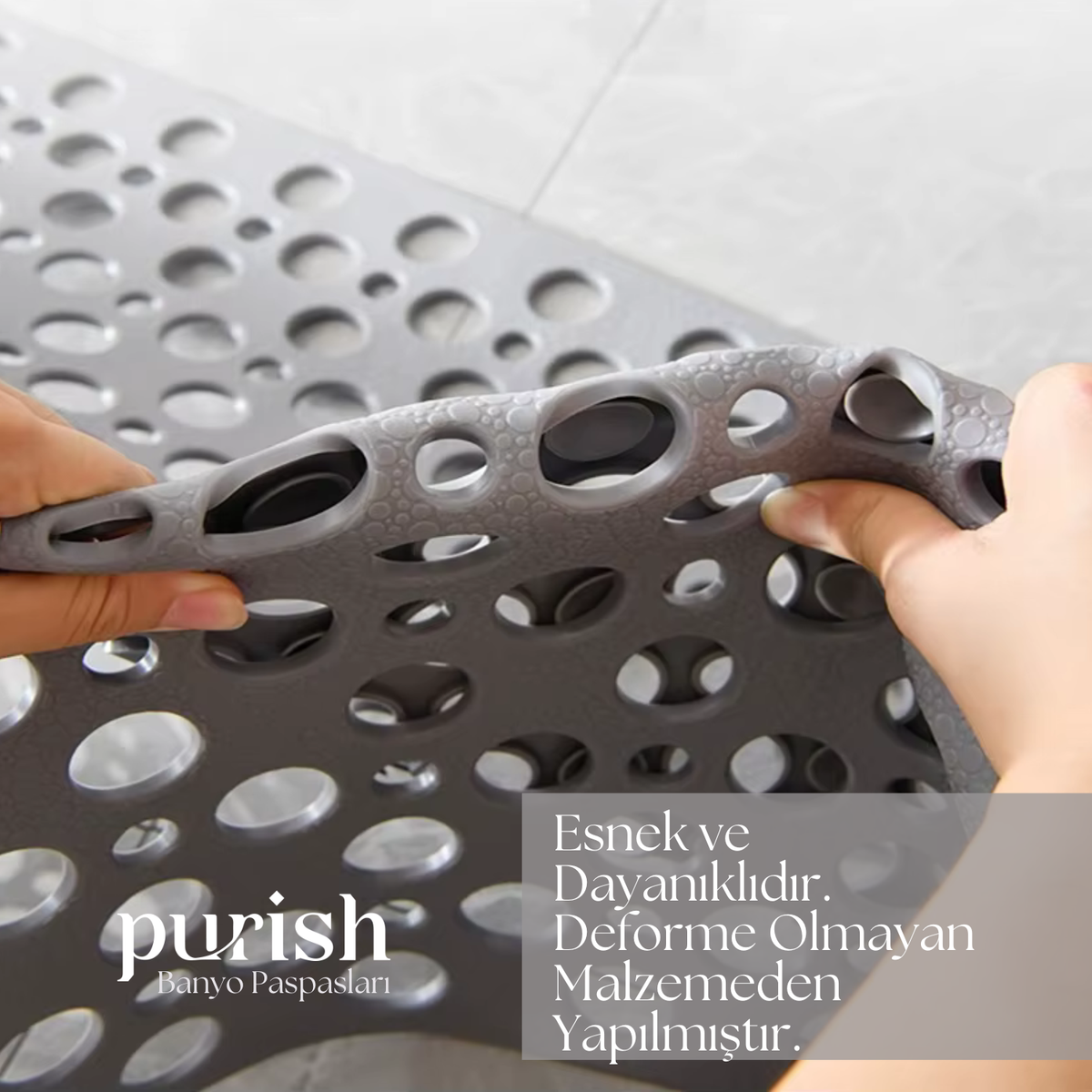 Purish | Kaymaz Banyo Paspası | Antrasit Gri | 36x66 cm – Dikdörtgen Duş Matı, Küvet Paspası | Güçlü Vantuzlu, Su Tahliyeli, Yumuşak