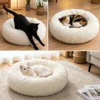 Yuvarlak Ultra Yumuşak Welsoft Peluş Kedi ve Köpek Yatağı – Kaymaz Taban Tüylü Pet Pufu,Uyku Minderi (krem)