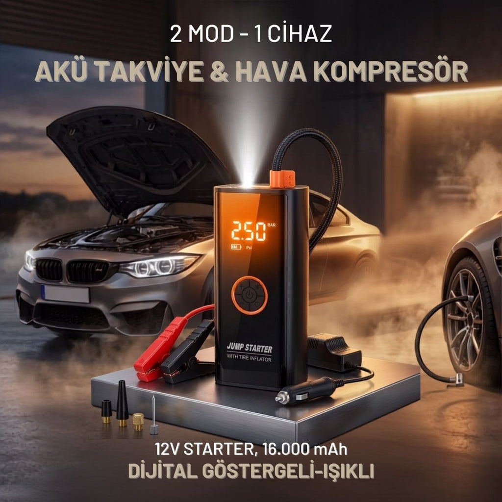 BUFFER Akü Takviye Cihazı ve Lastik Şişirme Pompası 16000mAh – Powerbank Özellikli, Dijital Ekranlı SOS Fenerli Taşınabilir Kompresör