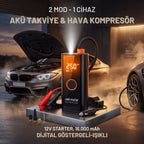 BUFFER Akü Takviye Cihazı ve Lastik Şişirme Pompası 16000mAh – Powerbank Özellikli, Dijital Ekranlı SOS Fenerli Taşınabilir Kompresör