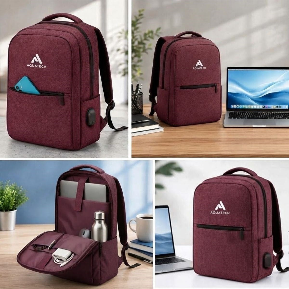 BUFFER Bordo Laptop Sırt Çantası, Bilgisayar Korumalı İç Bölmeli Notebook Çantası, Organizer Cepli ve USB Şarj Portlu