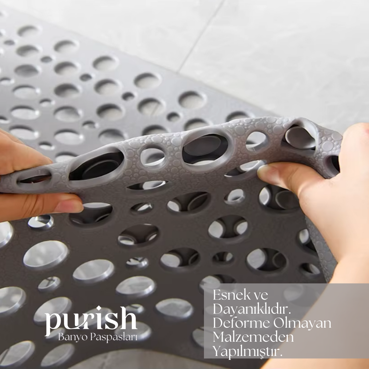 Purish | Kaymaz Banyo Paspası | Antrasit Gri | 54x54cm – Dikdörtgen Duş Matı, Küvet Paspası | Güçlü Vantuzlu, Su Tahliyeli, Yumuşak | Makinede Yıkanabilir | Kaydırmaz Zemin Matı - Herseyben.de