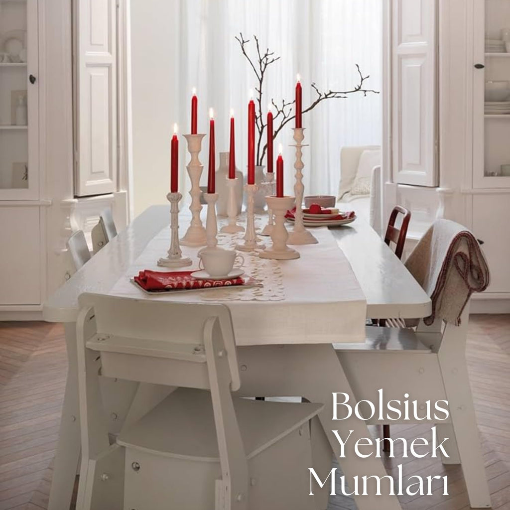 Beyaz Renkli Konik Şamdan Yemek Mumu, 7,5 Saat Yanma Süreli, 24,5 cm Uzun Mum (12 Adet)