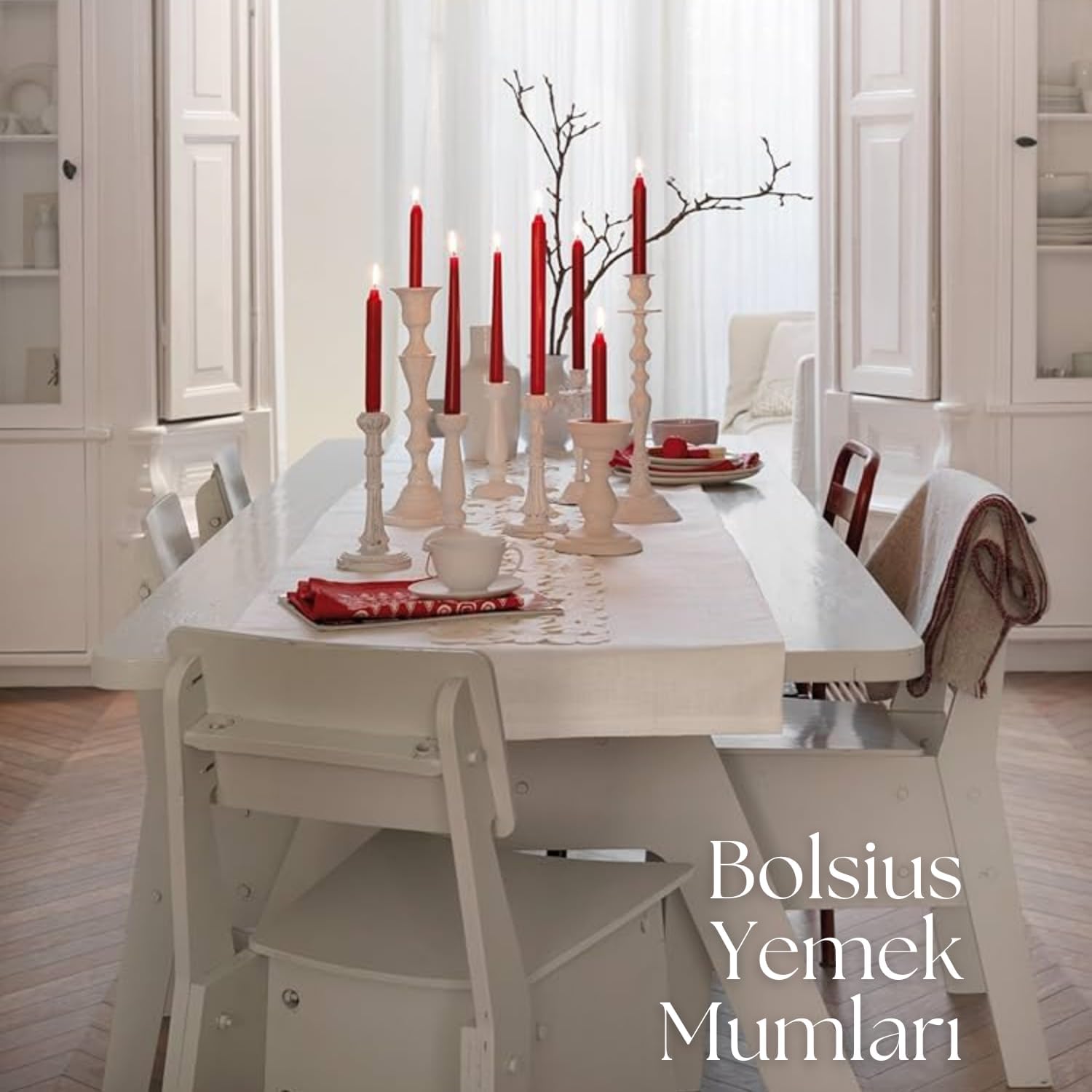 Beyaz Renkli Konik Şamdan Yemek Mumu, 7,5 Saat Yanma Süreli, 24,5 cm Uzun Mum (12 Adet)