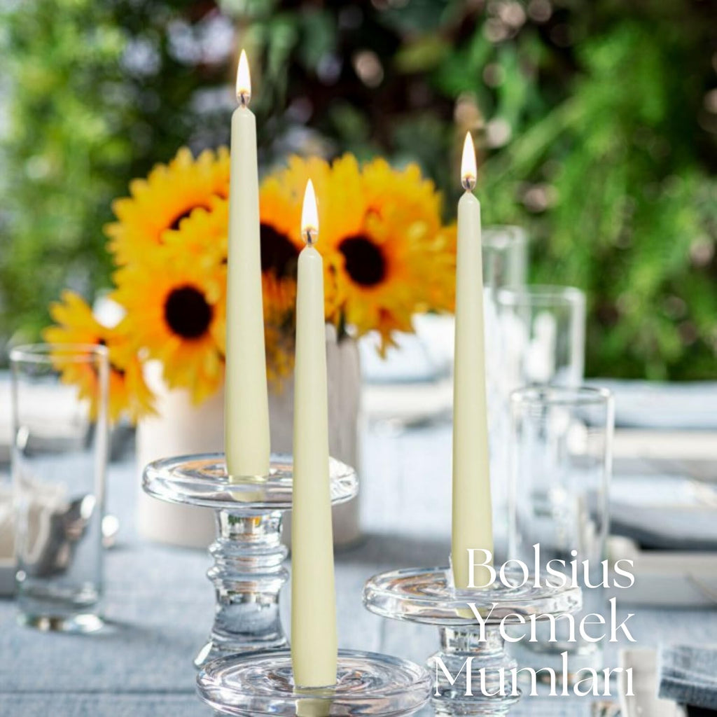 Fildişi Renkli Konik Şamdan Yemek Mumu, 7,5 Saat Yanma Süreli, 24,5 cm Uzun Mum (12 Adet)