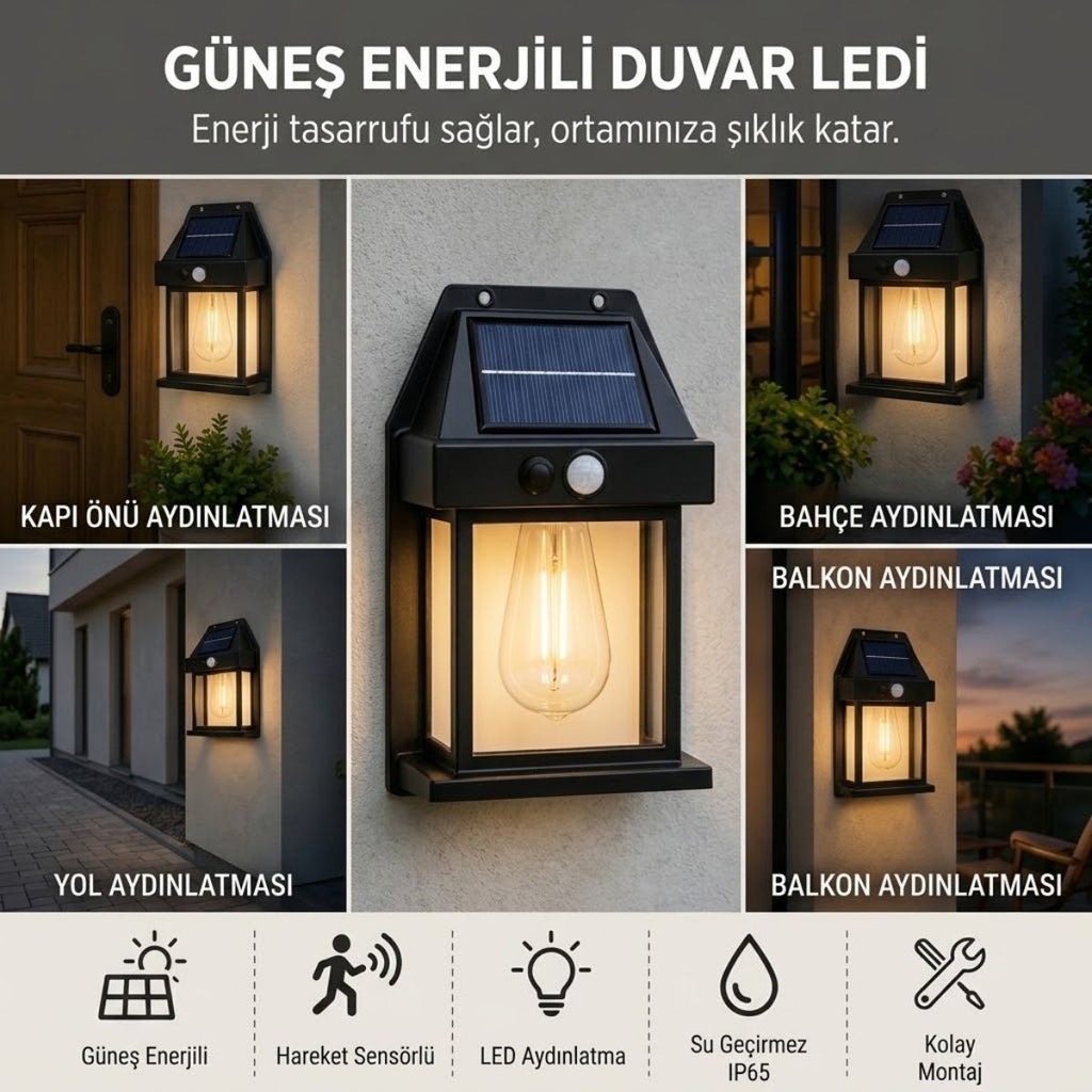 Ampul Model 3 Modlu Solar LED Duvar Lambası, Güneş Enerjili, Şarjlı Kablosuz Dış Mekân Apliği, Bahçe ve Kapı Lambası