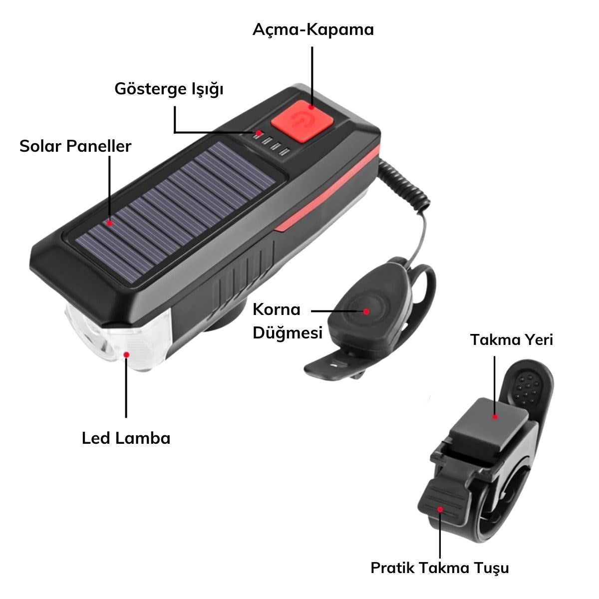 BUFFER Solar Enerjili USB ile Şarj Edilebilir Ledli Bisiklet Feneri Kornalı ve Su Geçirmez Far