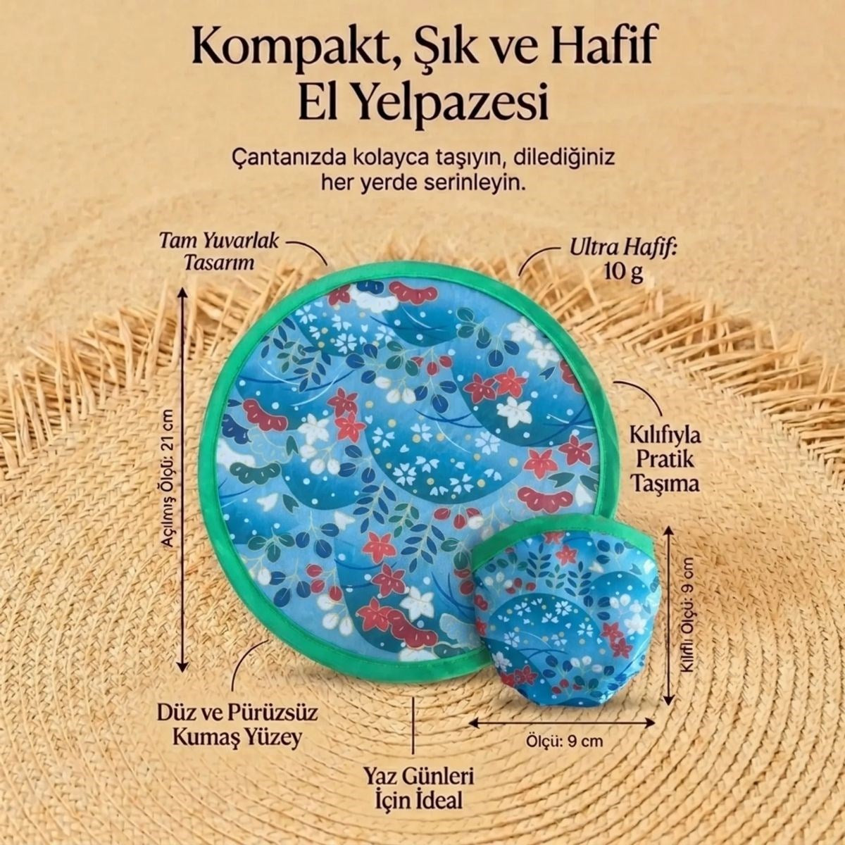 BUFFER Çiçek ve Yaprak Desenli Pratik Katlanabilir El Yelpazesi – Kılıflı Yuvarlak Pratik Otomatik Açılıp Kapanan Cep Yelpazesi
