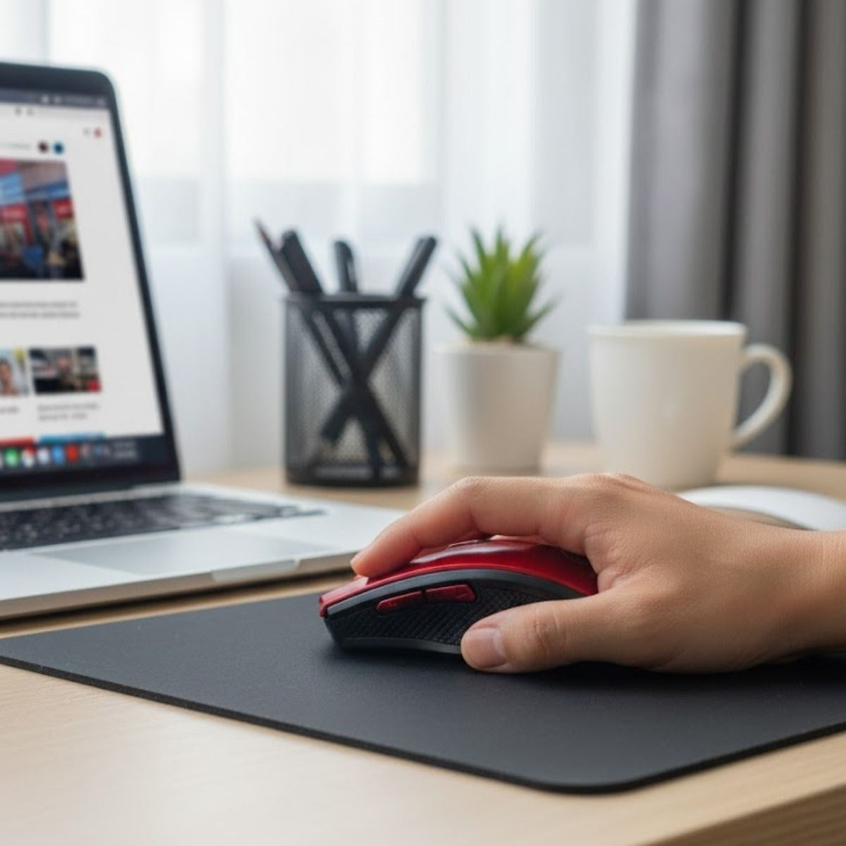 BUFFER Kırmızı Renkli Baş Parmak Destekli Ergonomik Sessiz Kablosuz Mouse – USB Alıcılı, Ofis ve Oyun İçin Konforlu Bilgisayar Faresi MS6300
