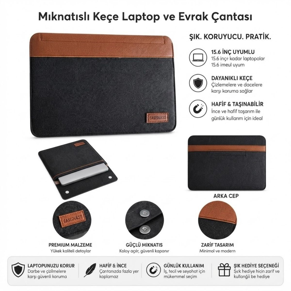 BUFFER 15.6 İnç Mıknatıslı Keçe Laptop ve Evrak Çantası, Notebook Bilgisayar ve Dosya Taşıma Çantası