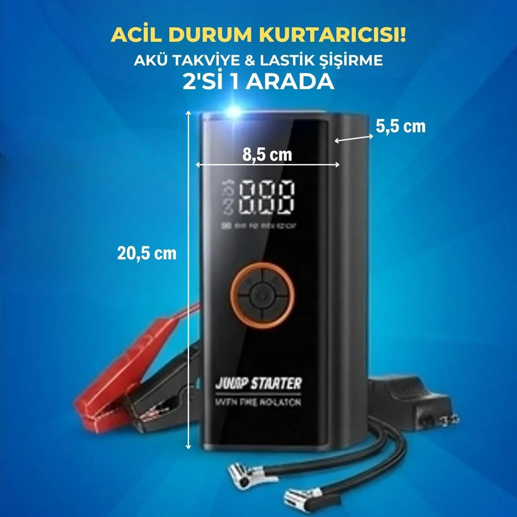 BUFFER Akü Takviye Cihazı ve Lastik Şişirme Pompası 16000mAh – Powerbank Özellikli, Dijital Ekranlı SOS Fenerli Taşınabilir Kompresör