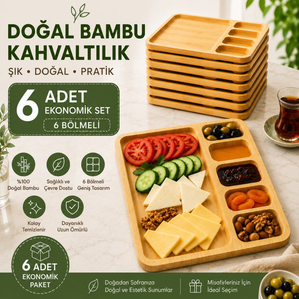 Bambu Kahvaltılık Sunum Tepsisi 6 Bölmeli Ahşap Servis Tabağı – 1 Adet, 4 Adet ve 6 Adet Ekonomik Set Seçenekleri – 32.5x25.5x2CM