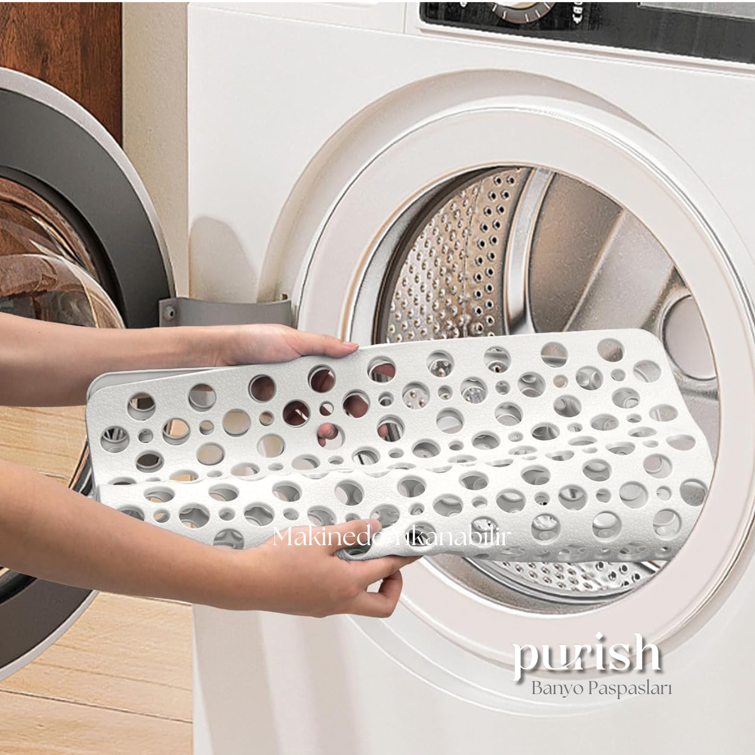 Purish | Kaymaz Banyo Paspası | Beyaz| 54x54cm – Kare Duş Matı, Küvet Paspası | Güçlü Vantuzlu, Su Tahliyeli, Yumuşak