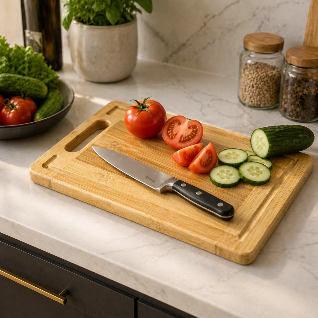 Bambu Kesme Tahtası Su Yollu Doğal Ahşap | 30x20 - 32x22 - 34x24 cm | 1.8 cm Kalın Dayanıklı Kesim Panosu