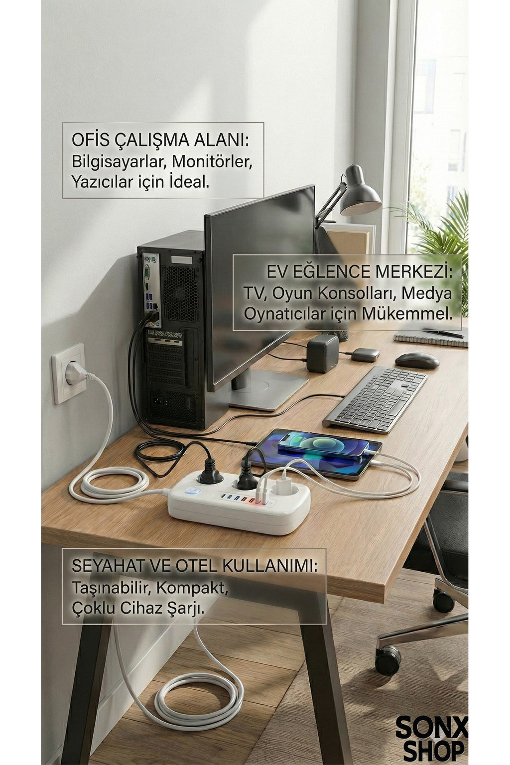 2500W Çoklu Priz 2 METRE – 3’lü AC Priz +5 USB Çıkışı AKIM KORUMALI Alev Almayan Gövde,