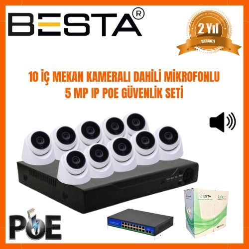 5 MP 1440P 10 İÇ MEKAN KAMERALI DAHİLİ MİKROFONLU IP POE Güvenlik Seti