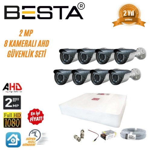 2MP Ahd 1080P Gece Görüşlü 8 Kameralı Güvenlik Sistemi
