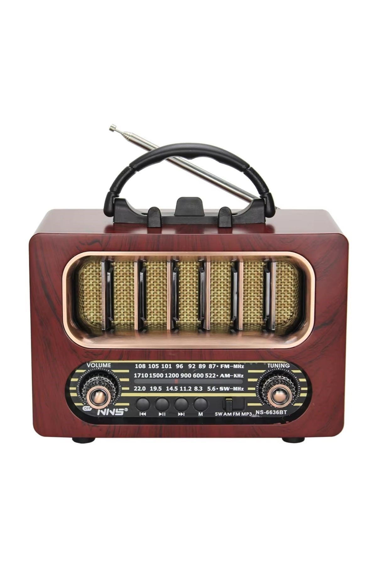 BUFFER Orta Boy Retro Ahşap Tasarım Bluetooth Hoparlörlü Radyo – FM/AM Destekli, Şarjlı ve Taşınabiliri Radyo NS-6636