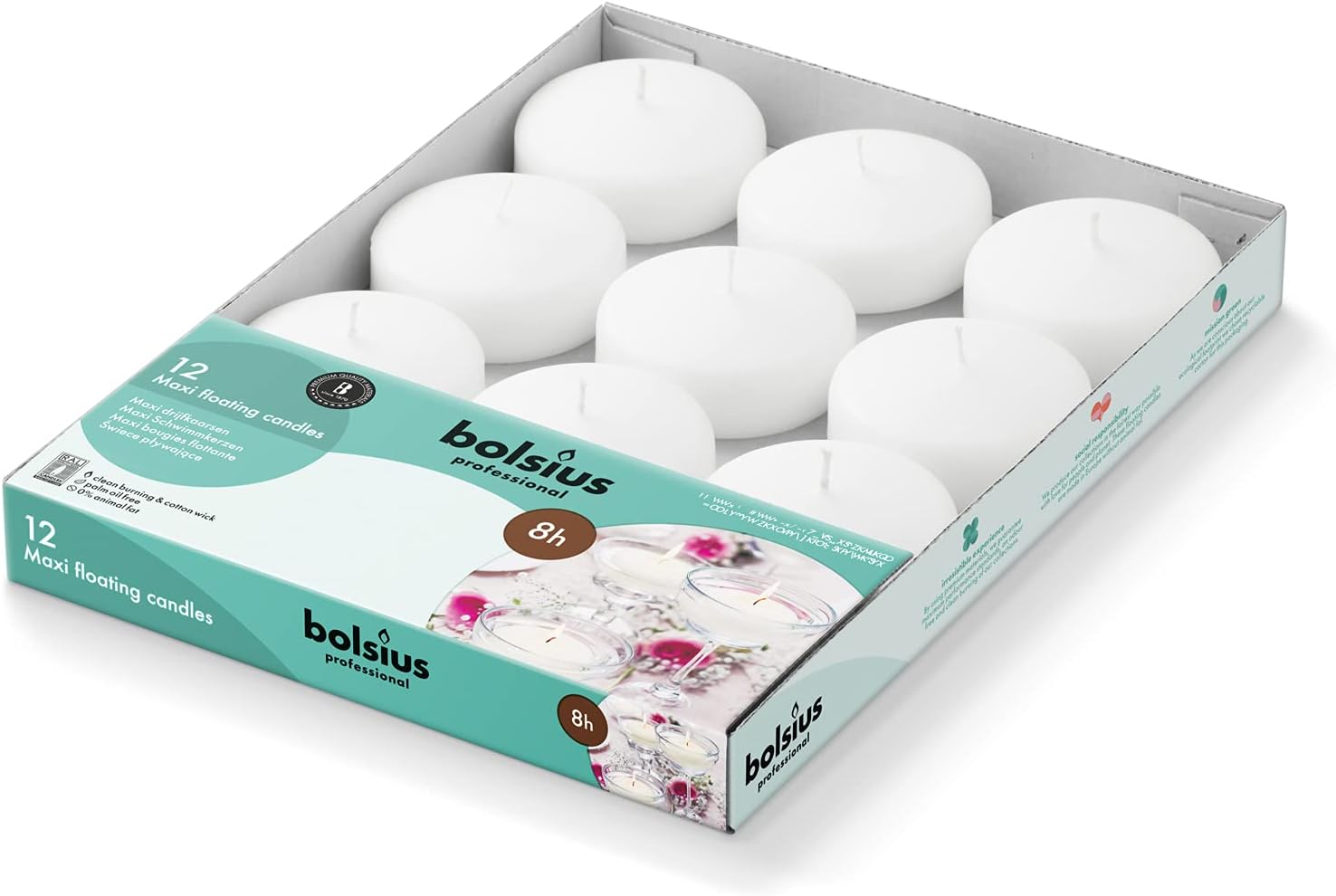 8 Saat Yanma Süreli, Ø 7,6 cm çapında, Beyaz Mega Yüzen Mumlar, 12 Adet - Herseyben.de