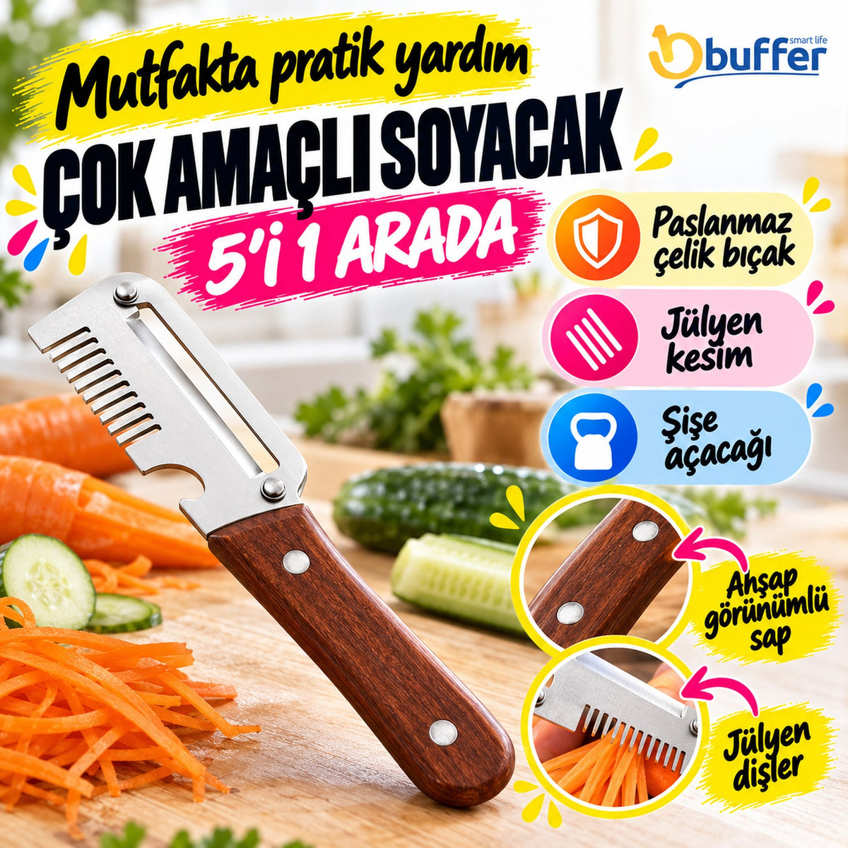 BUFFER 5'i 1 Arada Çok Fonksiyonlu Sebze ve Patates Soyucu, Paslanmaz Çelik Bıçaklı, Ahşap Görünümlü Saplı Mutfak Jülyen Soyacak, Şişe Açacağı