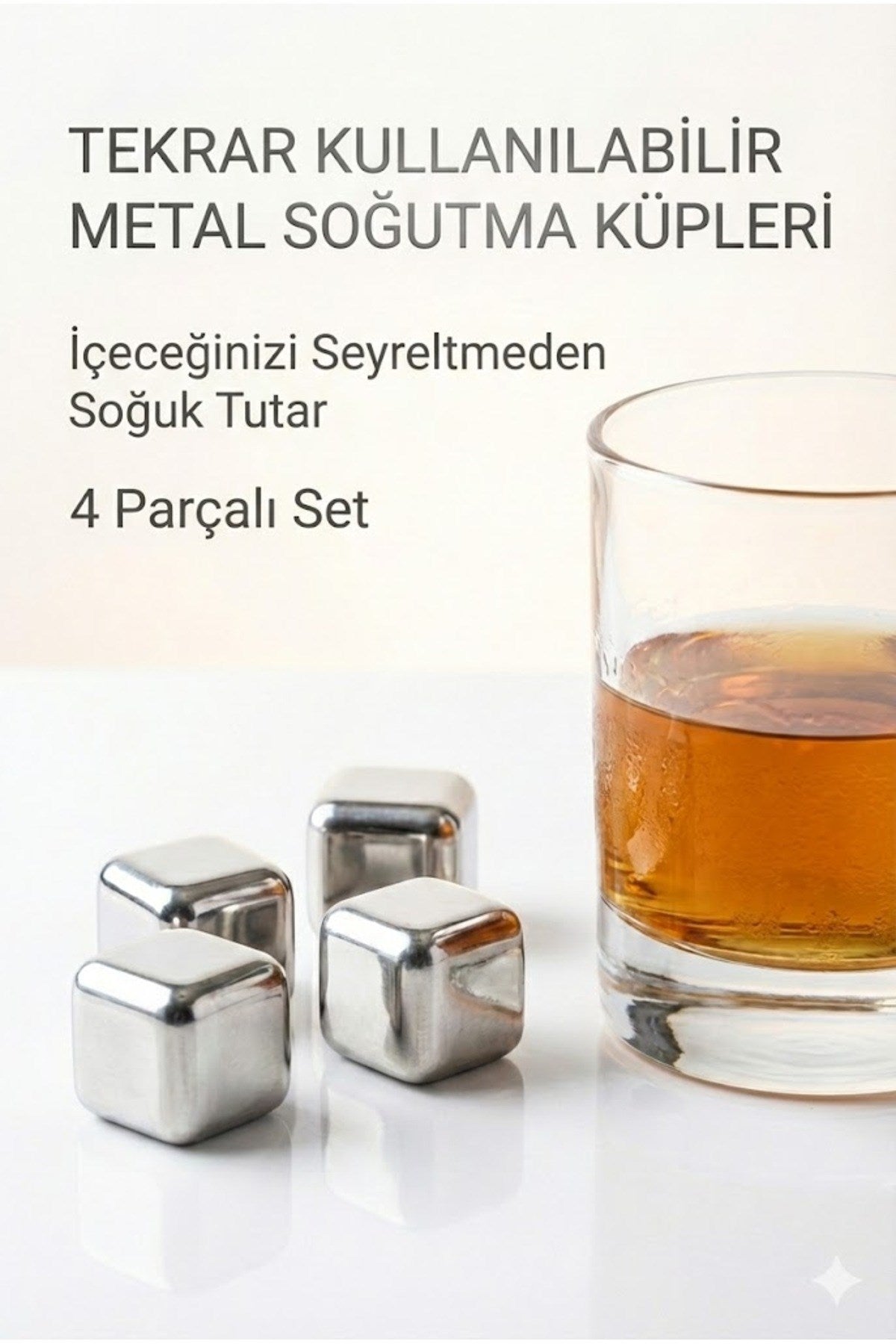 Paslanmaz Çelik Buz Küpü 4’lü Set – İçeceği Sulandırmadan Soğutucu Metal Taş