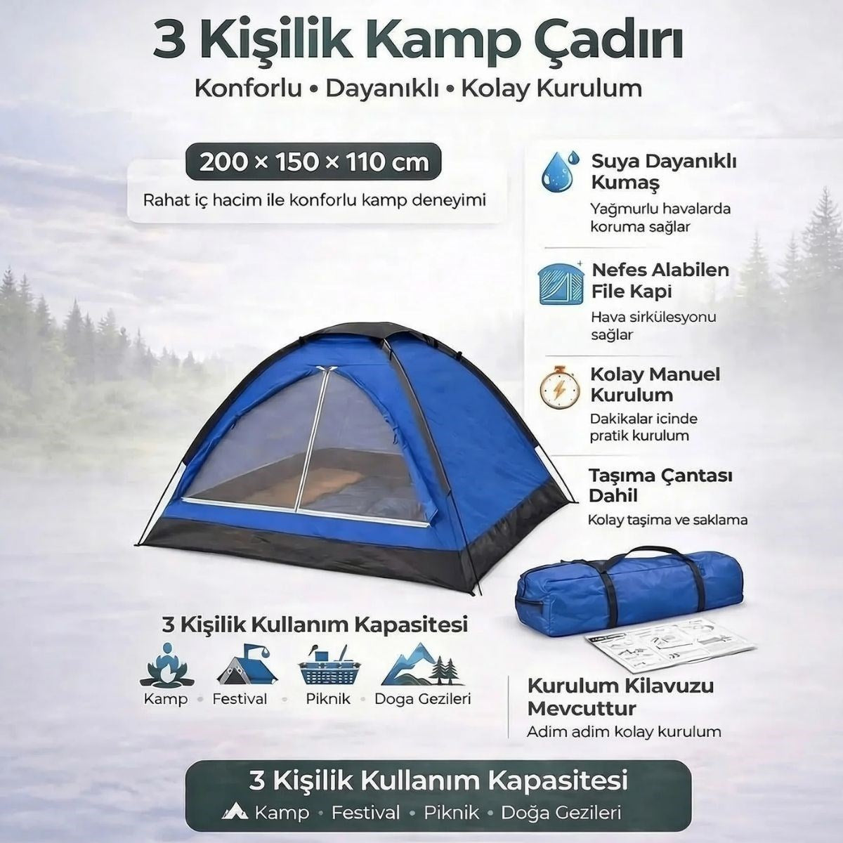 BUFFER 3 Kişilik Manuel Kamp Çadırı – Düz Kapılı Outdoor Aile, Doğa, Piknik ve Kamp Çadırı 200x150x110 cm