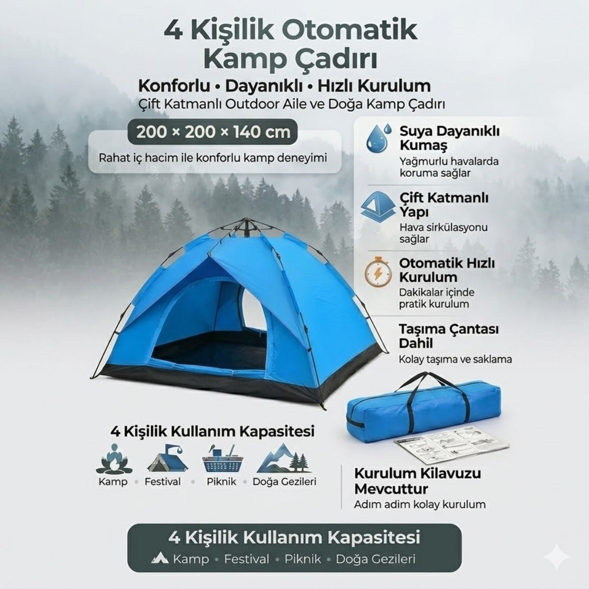 BUFFER 4 Kişilik Otomatik Kamp Çadırı – Çift Katmanlı, Suya Dayanıklı, Hızlı Kurulum Outdoor Aile ve Doğa Çadırı 200x200x140 cm