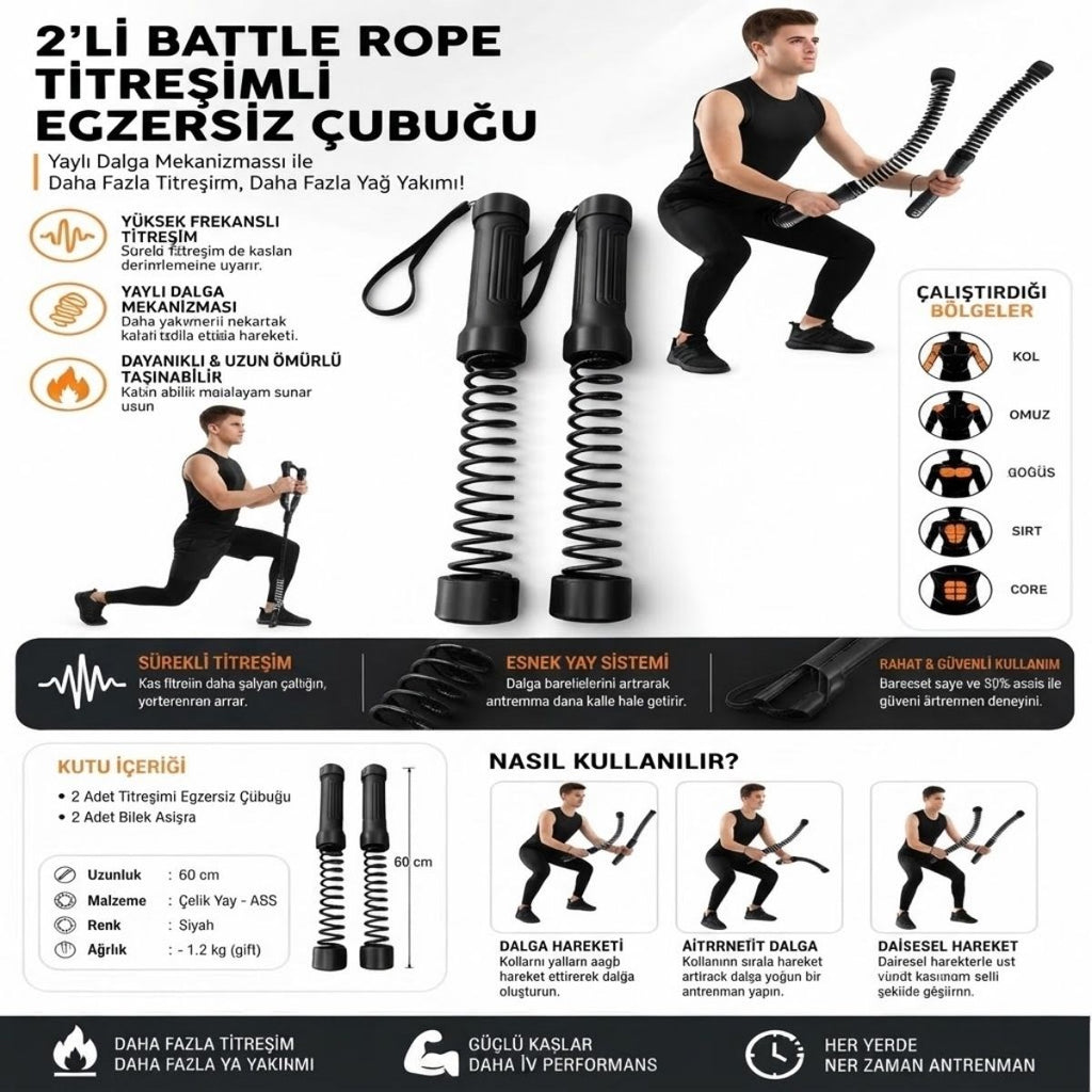 2'li Battle Rope Titreşimli Egzersiz Çubuğu, Yaylı Dalga Mekanizmalı Kol, Omuz, Göğüs, Sırt ve Core Antrenman Aleti