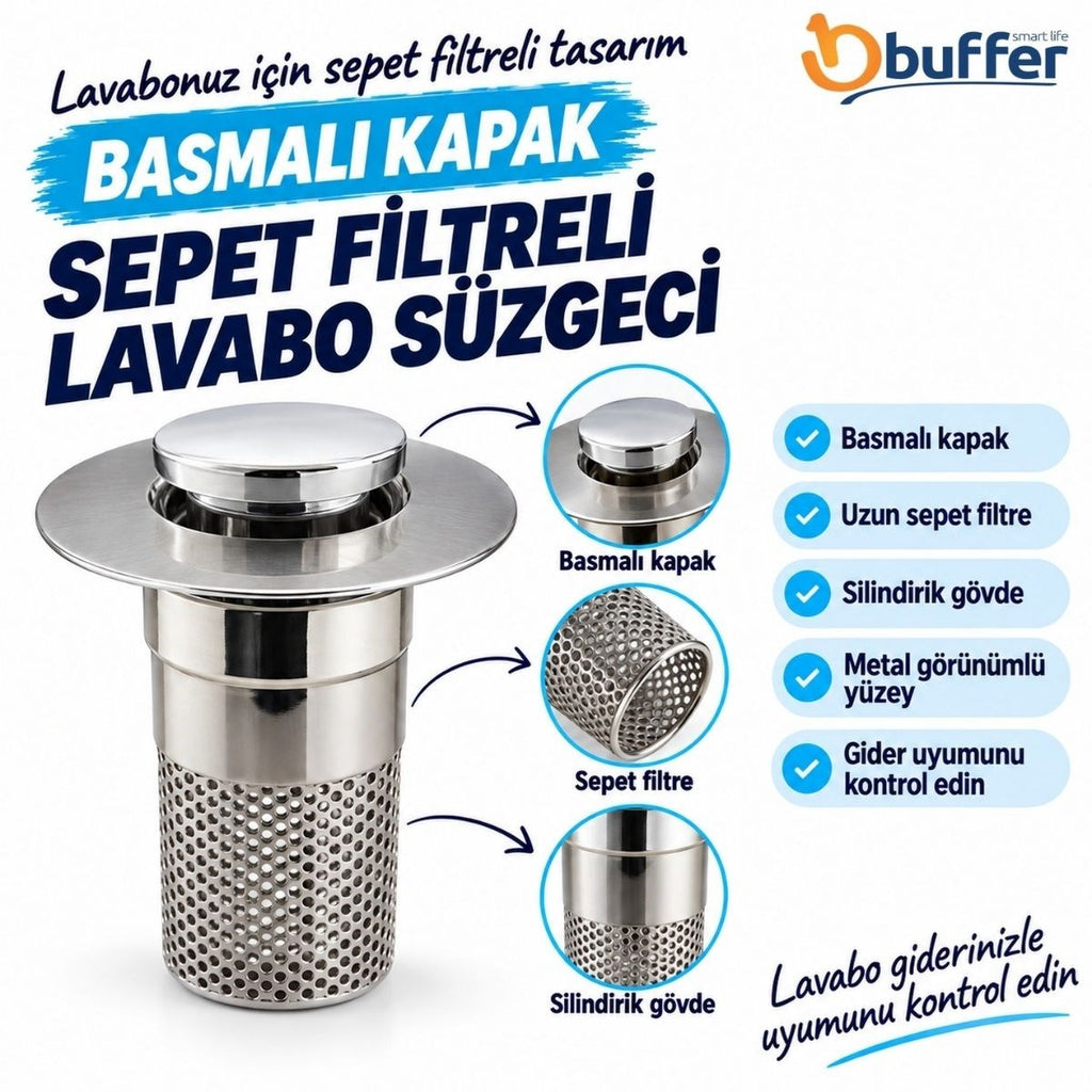 Sepet Filtreli Basmalı Lavabo Gider Süzgeci, Uzun Silindirik Filtreli Lavabo Tıpası, Saç ve Kalıntı Toplayıcı Gider Filtresi