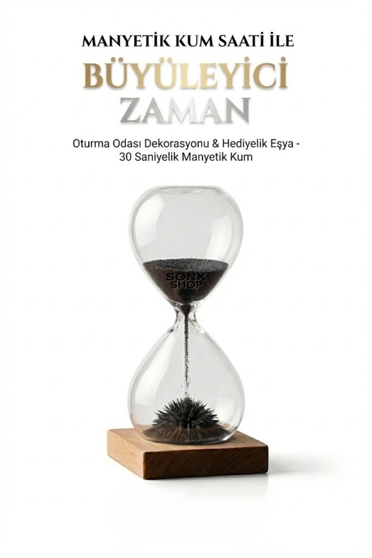 Manyetik Kum Saati Mıknatıslı Ahşap Standlı Dekoratif Masaüstü Hediyelik Süs Eşyası (14 cm)