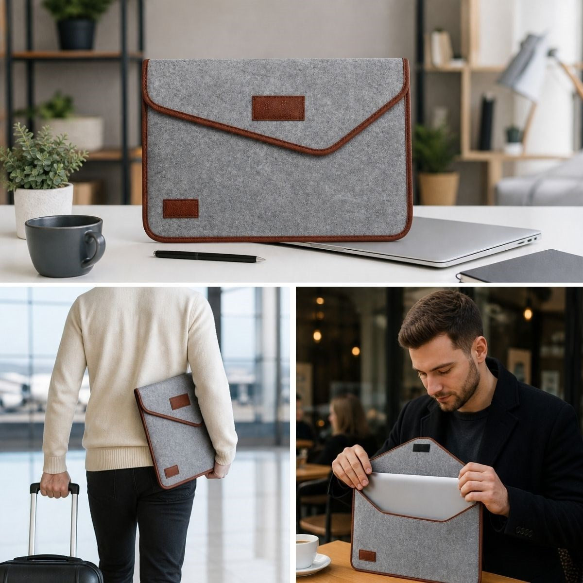 BUFFER 15.6 İnç Gri Cırt Cırtlı Keçe Laptop ve Evrak Çantası, Notebook Bilgisayar ve Dosya Taşıma Çantası