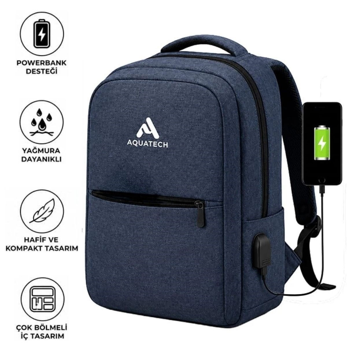 BUFFER Lacivert Laptop Sırt Çantası, Bilgisayar Korumalı İç Bölmeli Notebook Çantası, Organizer Cepli ve USB Şarj Portlu