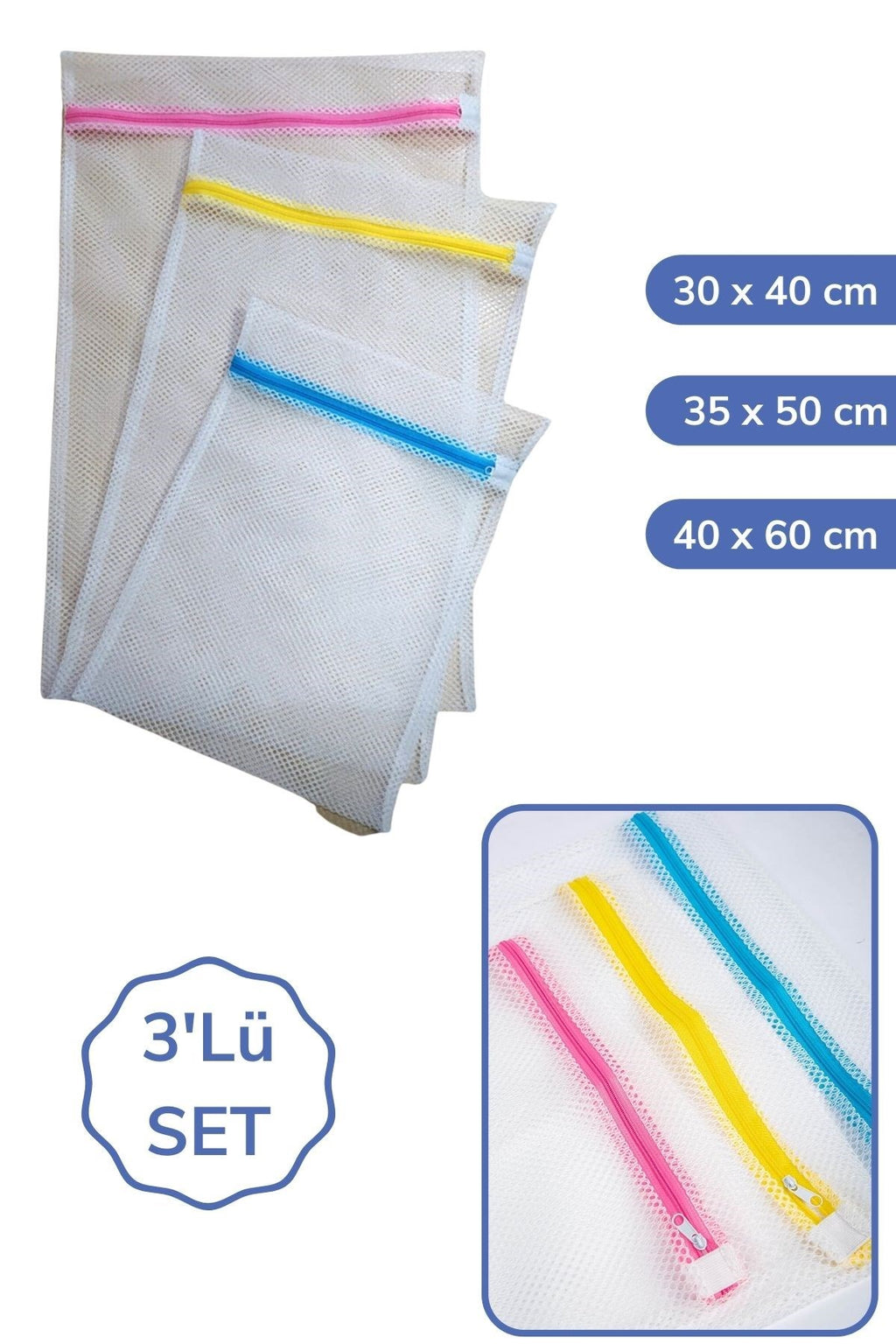 3 Adet Çamaşır Yıkama Filesi Renkli Fermuarlı 3 Boy