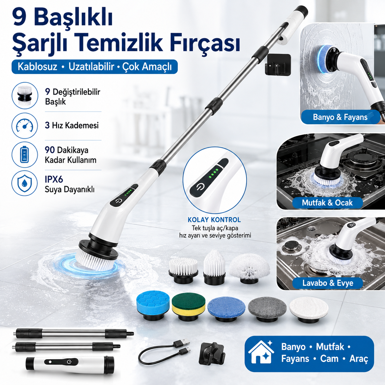 9 Başlıklı Şarjlı Temizlik Fırçası