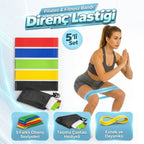 5'li Egzersiz Direnç Bant Seti – Pilates, Fitness ve Crossfit Lastiği (Taşıma Çantalı)