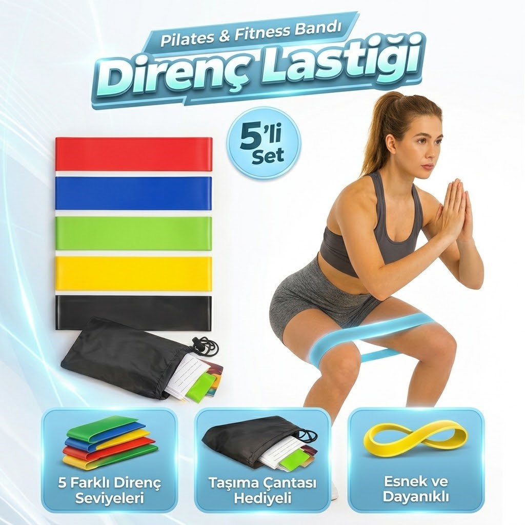 BUFFER 5'li Egzersiz Direnç Bant Seti – Pilates, Fitness ve Crossfit Lastiği (Taşıma Çantalı)