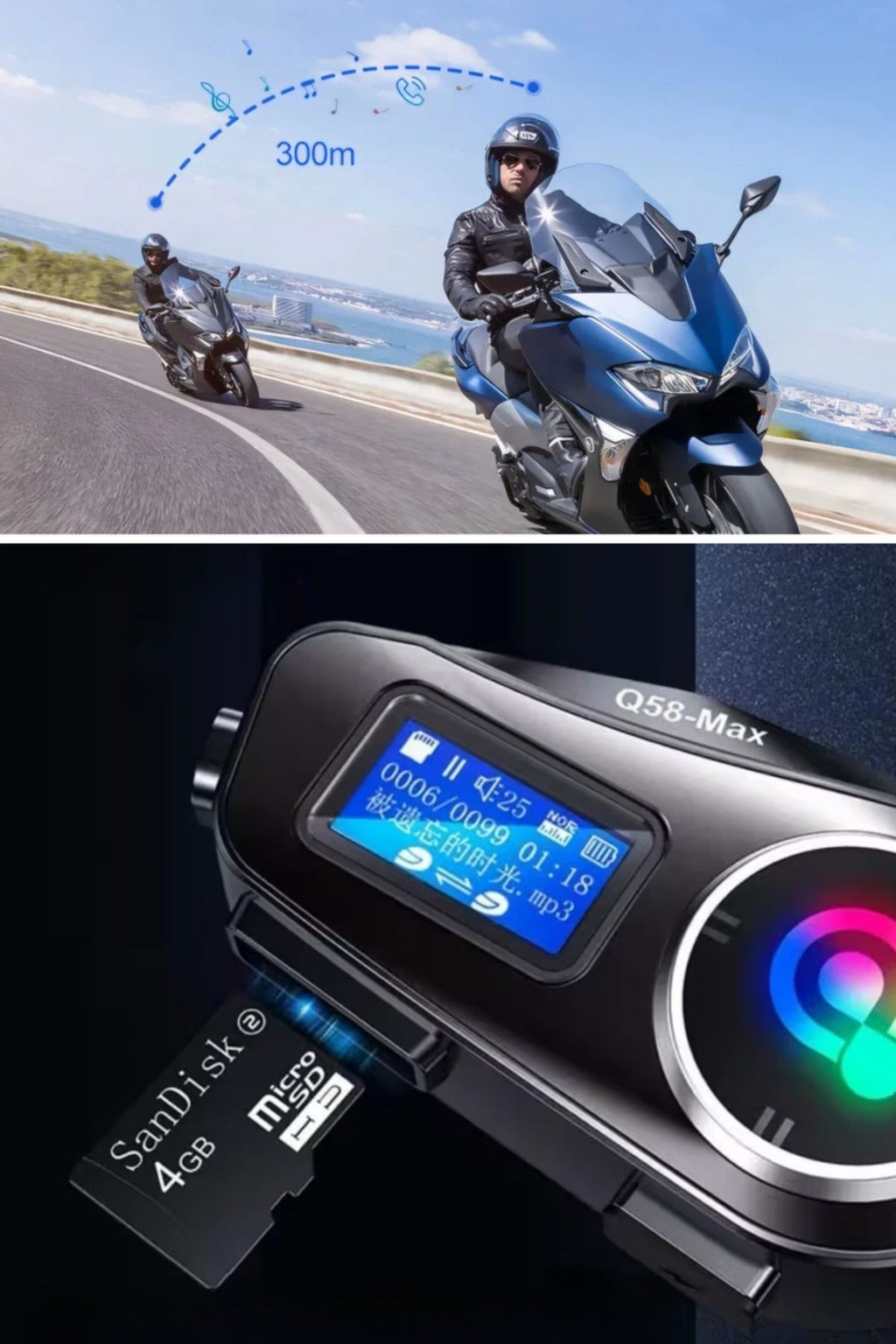 Q58 Motorsikletler İçin Fener Özellikli SD Kart Bölümlü LCD Ekranlı Kablosuz Bluetooth Kulaklıklı – Suya Dayanıklı Kask Kulaklığı
